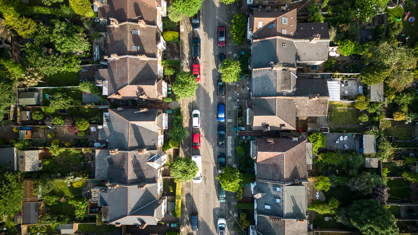 Aerial view of residential street 