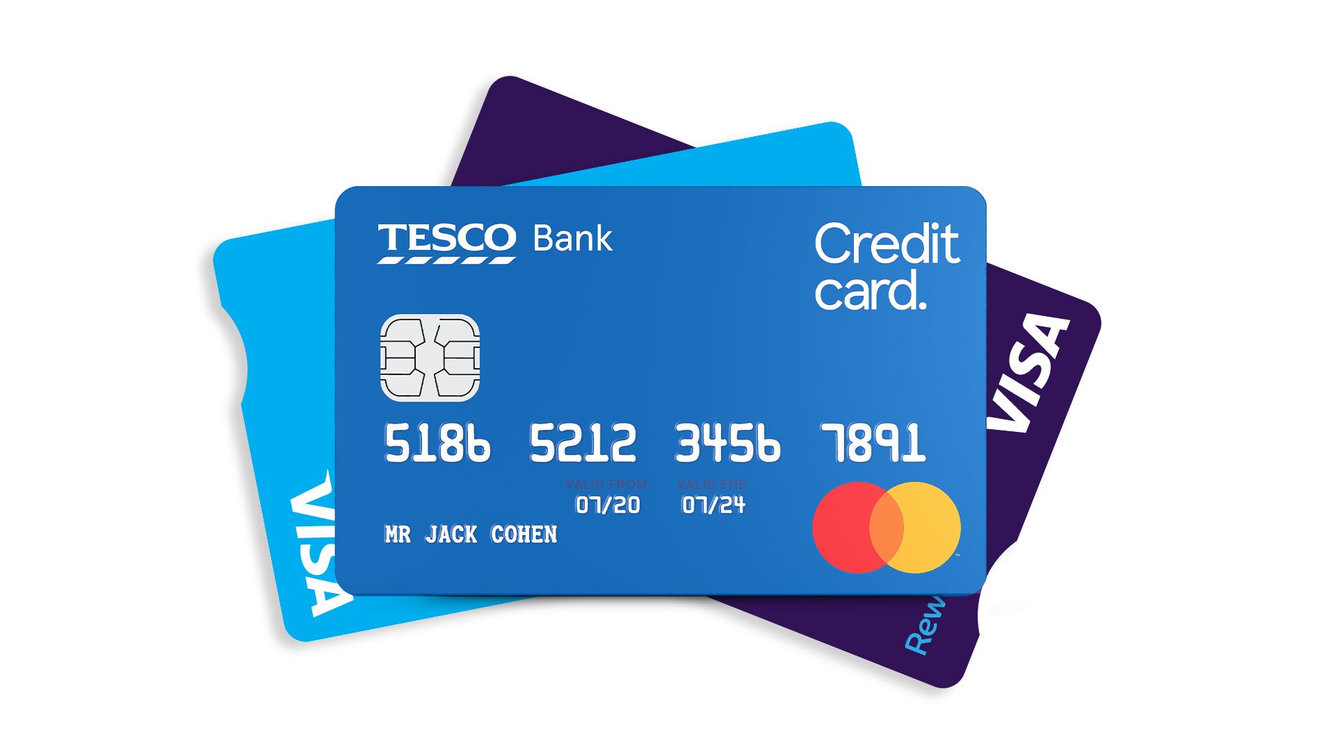 Tesco Bank Credit Card at the top of a stack of cards.