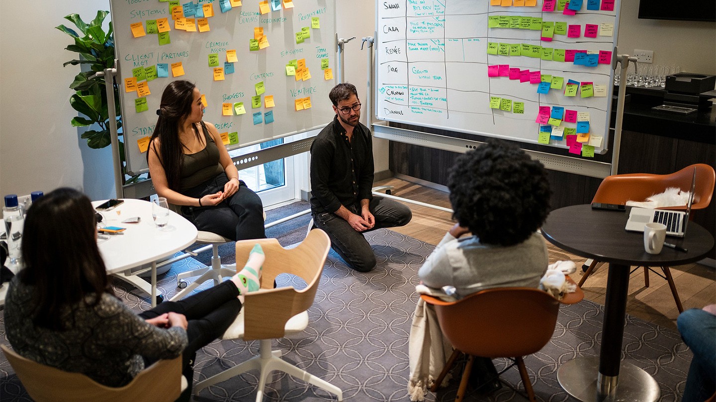 Group of people in an office with whiteboards covered in post-it notes