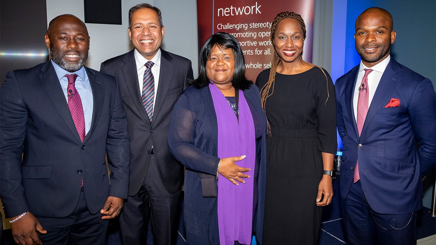 Ken Osivwemu, Sandra Kerr CBE and Kelechi Onukogu joined by Barclays colleagues