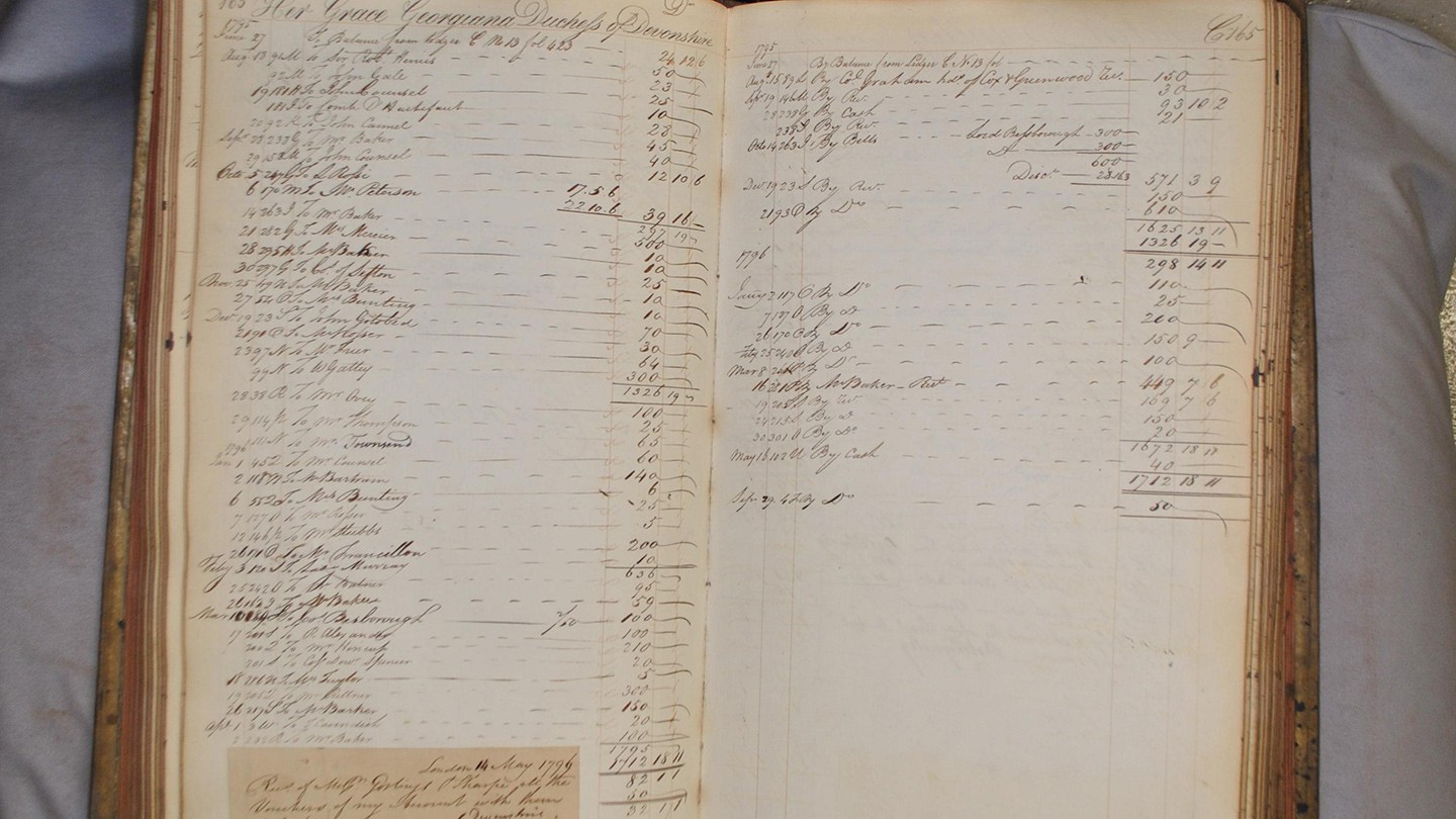 A banking ledger showing the spending the spending habits of Georgiana, The Duchess of Devonshire