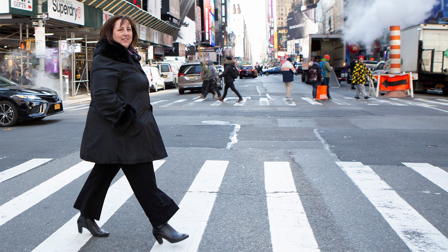 Barclays’ Karla Maloof on a crosswalk in New York