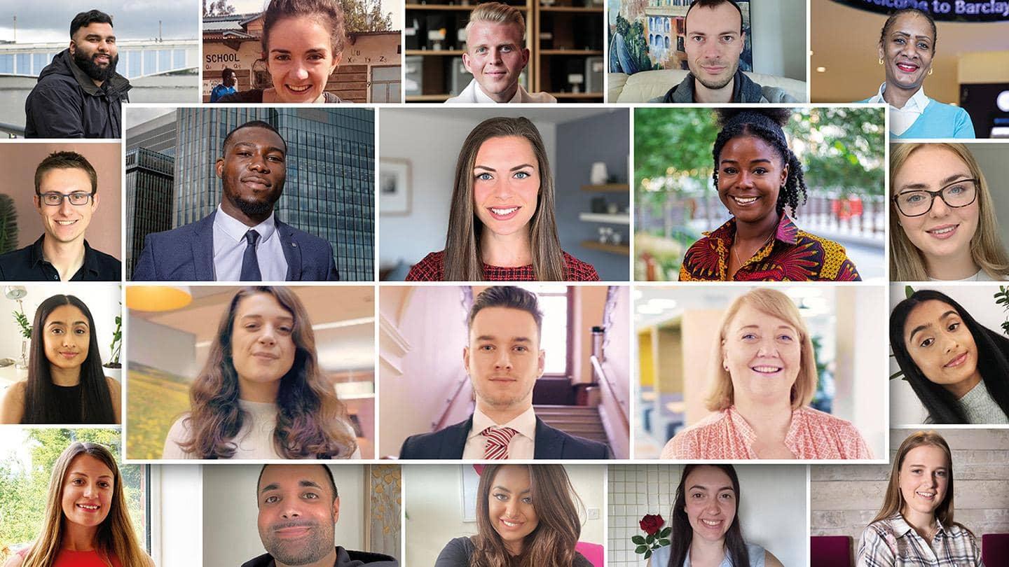 Multi-image tile of headshots of Barclays apprentices.