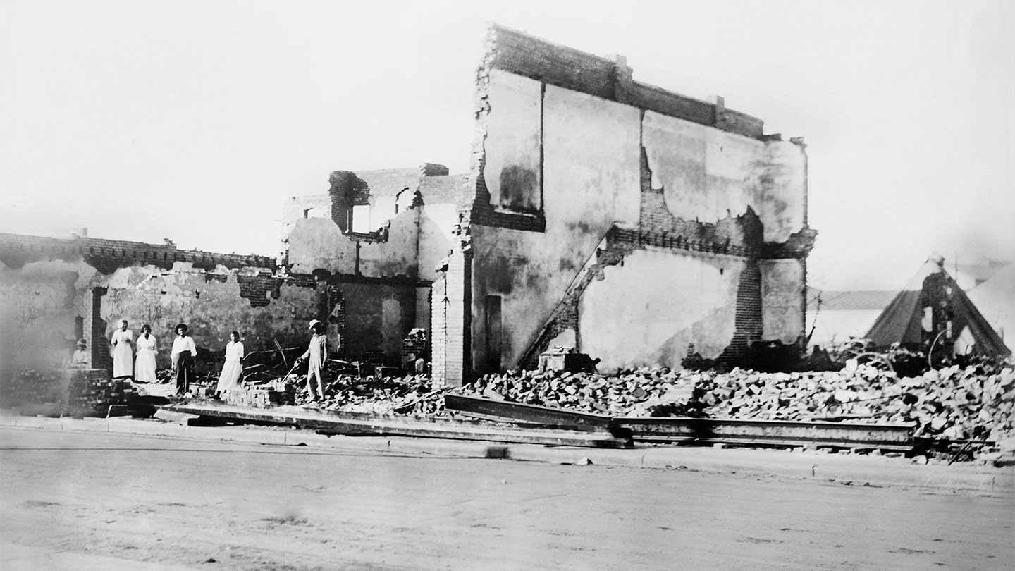 Black Wall Street in Greenwood, Tulsa, following the Tulsa race massacre in 1921.