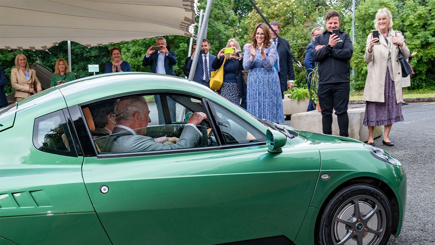 Prince Charles at the wheel of Riversimple’s metallic green prototype hydrogen-fuelled car.