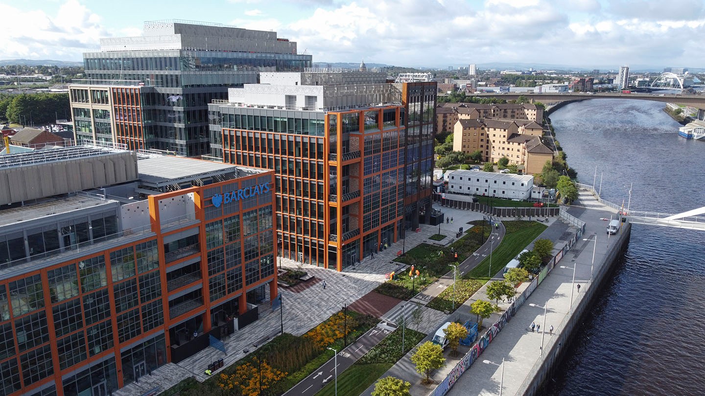 Ariel shot of Barclays new Glasgow campus.