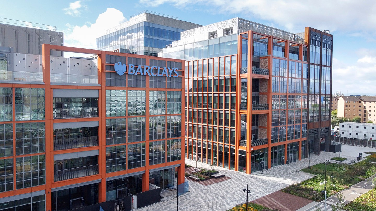 Ariel shot of Barclays new Glasgow campus.