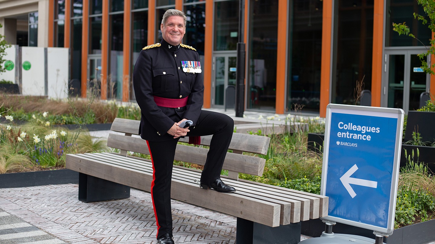 David Goodacre, dressed in military uniform, standing outside Barclays’ Glasgow Campus.