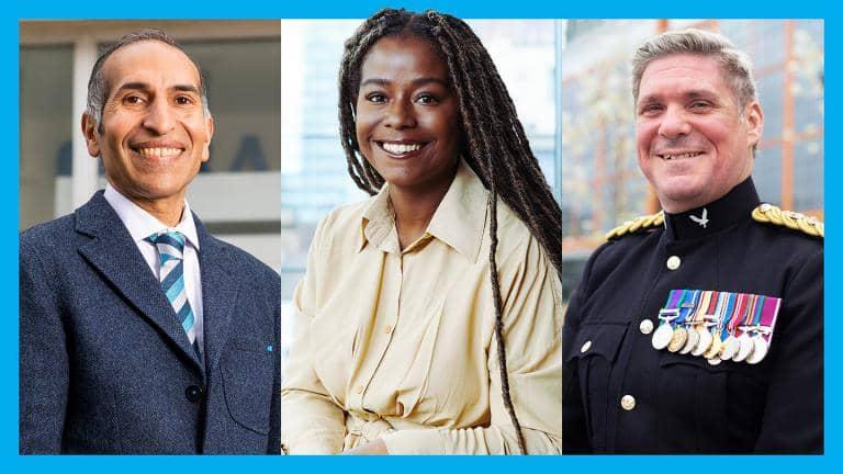 Barclays colleagues Narinder Dhandwar, Natalie Ojevah and David Goodacre, who were recognised in the 2022 New Year Honours list.