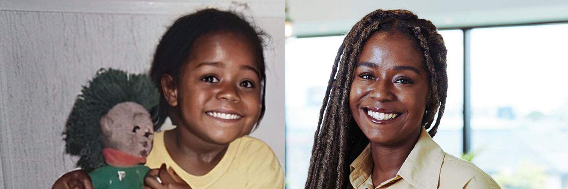 From left to right, Natalie Ojevah MBE pictured as a child and as an adult.