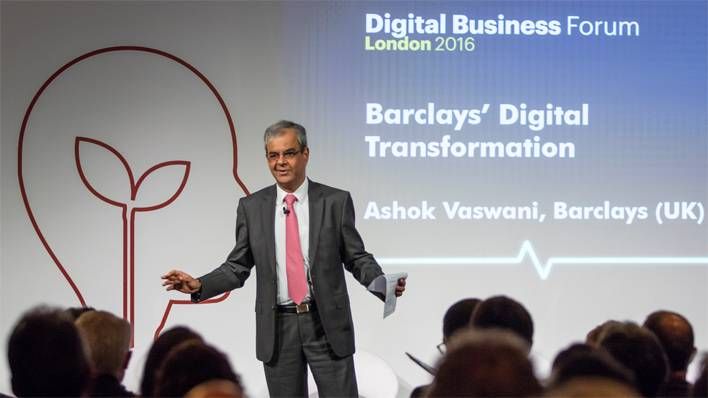 Ashok Vaswani giving a speech at the AT Kearney Digital Business Forum London 2016