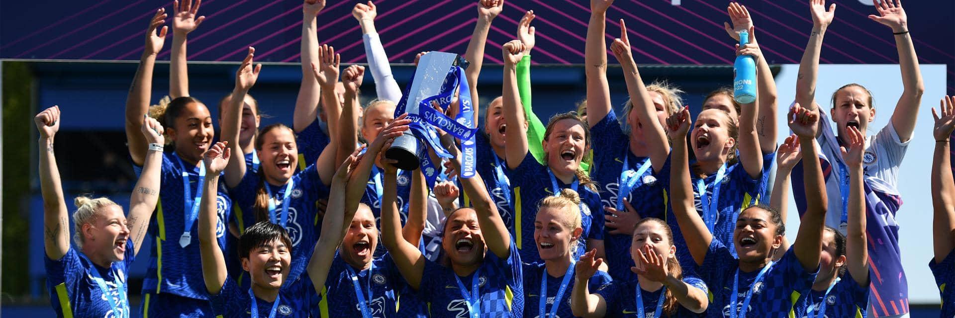 WSL Chelsea team holding trophy